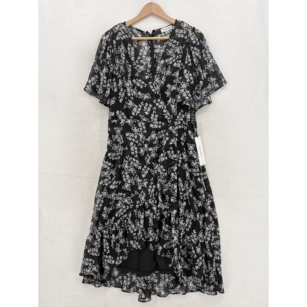 Calvin Klein Dress Womens 8 Black Floral Wrap Flutter Sleeve Hi Low Ruffle NWT